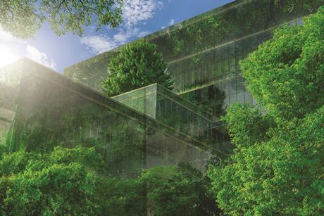 Green building glass surrounded by trees shutterstock_1996959128 Fahroni