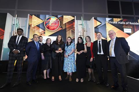 The LIV Student - Belfast Team with Private Halls category presenter John Shannon of Assured Energy